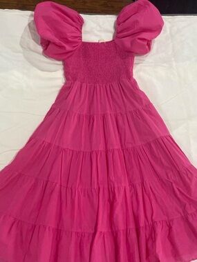 BiBi Hot Pink Puff Sleeve Tiered Dress